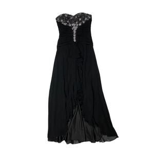 Camille La Vie Black Strapless Ruffle Gown with Beaded Bodice